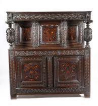 A MID-17TH CENTURY OAK MARQUETRY COURT CUPBOARD IN ELIZABETHAN STYLE LEEDS AREA, YORKSHIRE, C.1640-