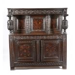 A MID-17TH CENTURY OAK MARQUETRY COURT CUPBOARD IN ELIZABETHAN STYLE LEEDS AREA, YORKSHIRE, C.1640-