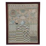 A GERMAN NEEDLEWORK SAMPLER DATED '1732' worked with coloured silks on a fine linen ground, with