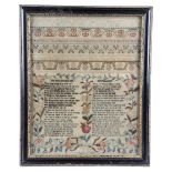 A GEORGE III NEEDLEWORK SAMPLER BY MARY HARRISON worked with coloured silks on a linen ground,