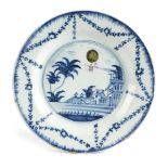 A DELFTWARE POTTERY BALLOONING PLATE C.1780 painted in blue, green and manganese depicting the