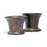 TWO SMALL BRONZE MORTARS 17TH CENTURY one cast with four fleur-de-lis, possibly Norfolk (2) 10.4cm