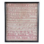 A VICTORIAN NEEDLEWORK SAMPLER BY EMILY ROWE worked with two shades of red cotton on a linen