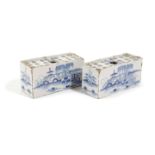 A PAIR OF DELFTWARE POTTERY FLOWER BRICKS C.1740-60 painted in blue with a pagoda, a fence and a