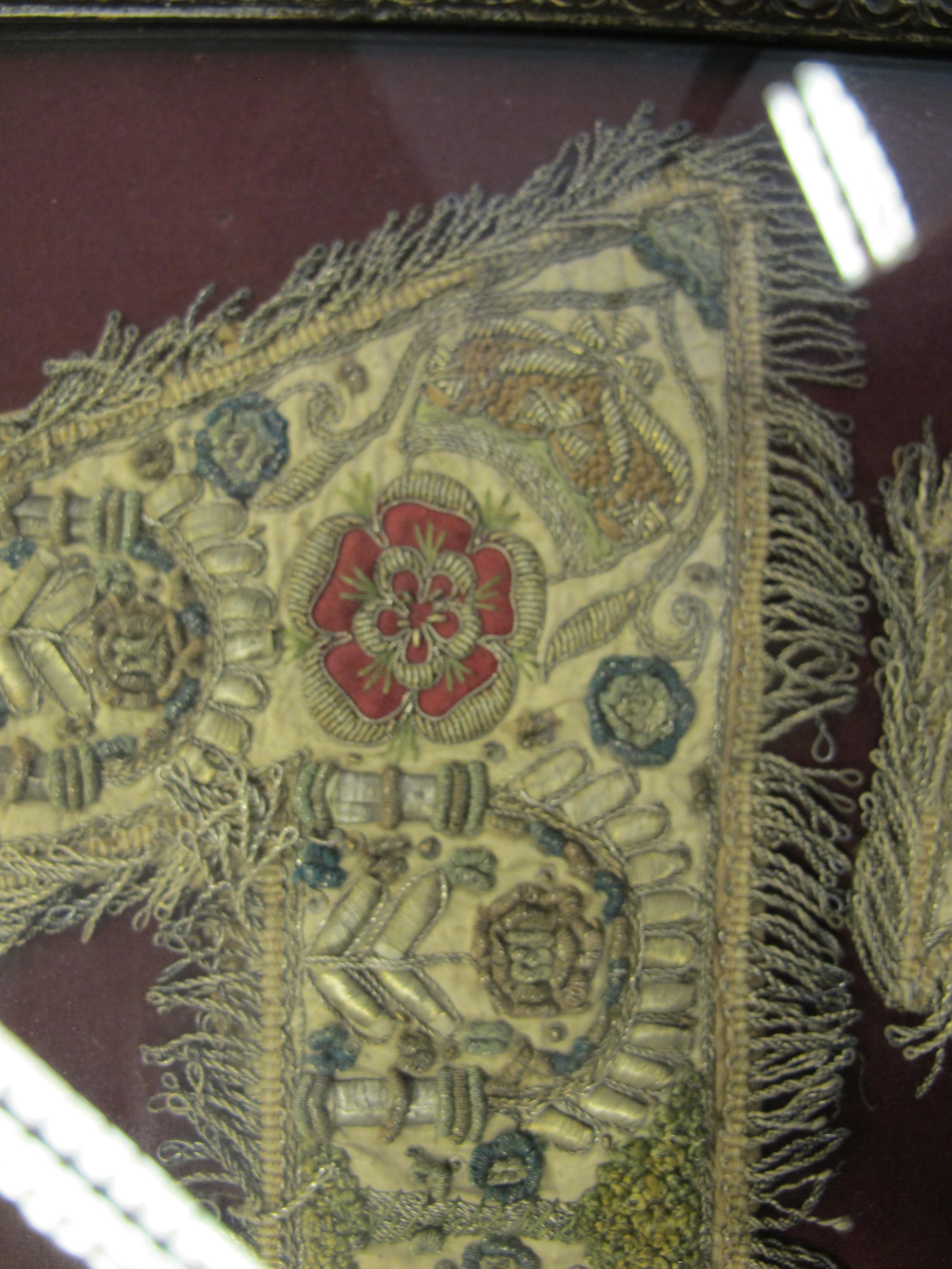 A PAIR OF ENGLISH NEEDLEWORK GLOVE CUFFS EARLY 17TH CENTURY embroidered with red silk and purled - Image 2 of 7