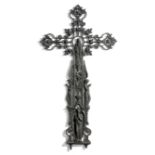 A FRENCH IRON GARDEN CROSS LATE 19TH CENTURY decorated with a rosary with the Virgin Mary and