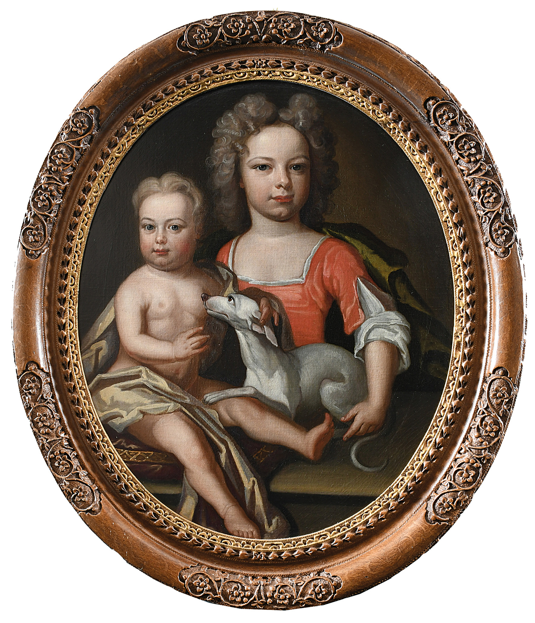 ATTRIBUTED TO EDWARD BYNG (1676-1756) Portrait of two children with a whippet Oil on canvas, oval 77