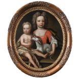 ATTRIBUTED TO EDWARD BYNG (1676-1756) Portrait of two children with a whippet Oil on canvas, oval 77