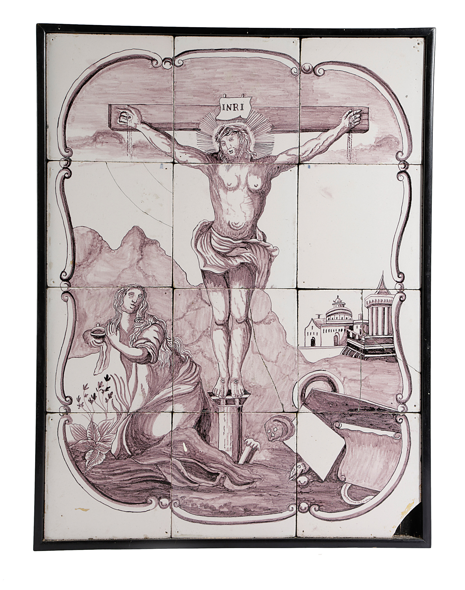 A DUTCH DELFT TILE PANEL 18TH CENTURY painted in manganese with Christ on the Cross with Mary