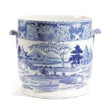 A LARGE PEARLWARE POTTERY BLUE AND WHITE CYLINDRICAL JARDINIERE EARLY 19TH CENTURY with transfer