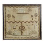 A GEORGE III NEEDLEWORK ADAM AND EVE SAMPLER BY ELIZABETH MAYFIELD worked with polychrome silk floss
