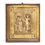 A MALINES ALABASTER AND PARCEL GILT PANEL EARLY 17TH CENTURY relief carved with the Annunciation