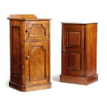 TWO WALNUT BEDSIDE CUPBOARDS LATE 19TH CENTURY with hinged panelled doors, one with a white marble
