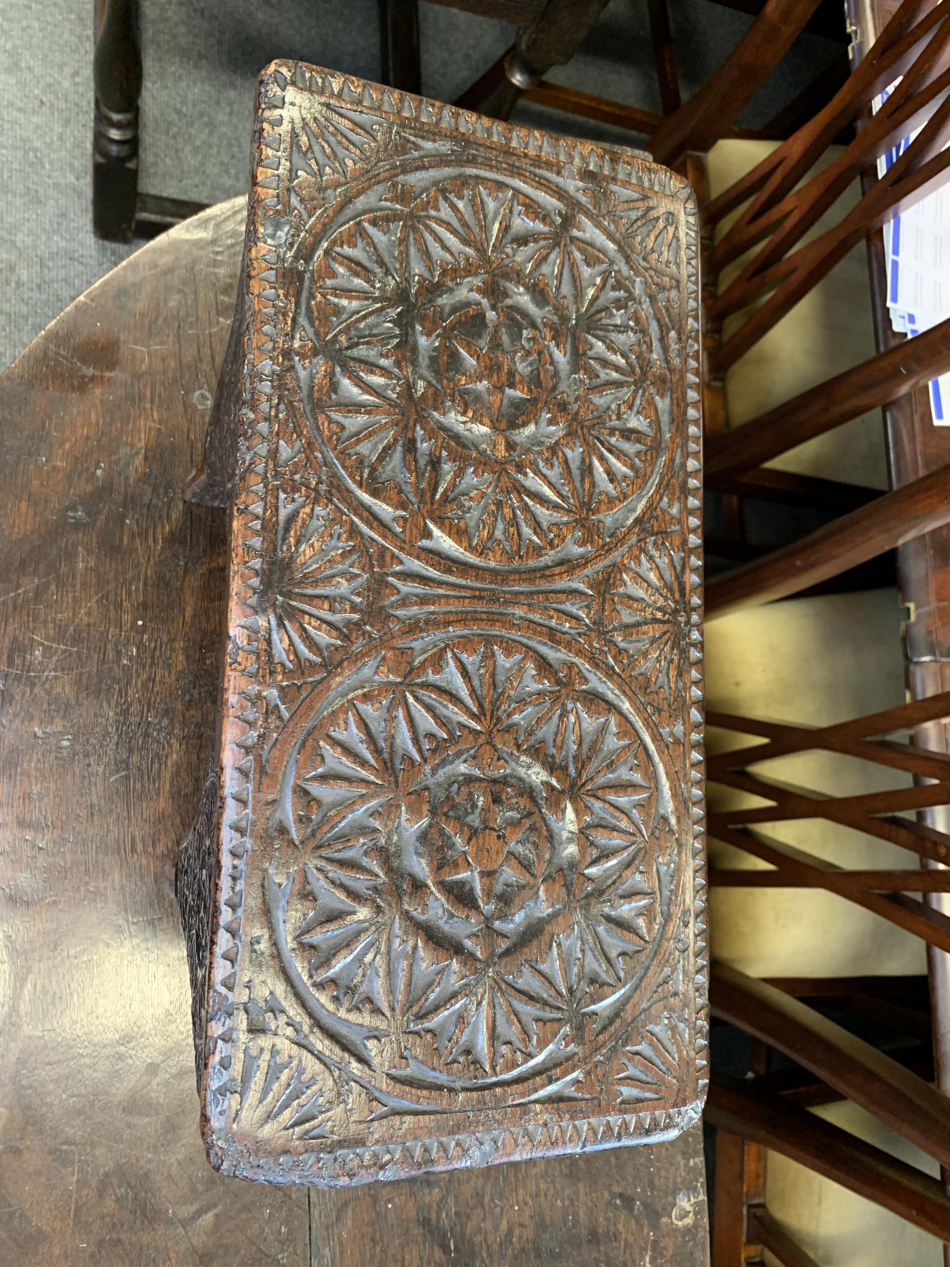 A GEORGE III CHIP CARVED STOOL WELSH, DATED '1778' relief decorated with rondels, the trestle ends - Image 9 of 9