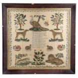 A LARGE NEEDLEWORK SAMPLER C.1830-40 worked with cross and long stitch, with polychrome silks on