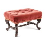 A SMALL MAHOGANY BED STOOL IN WILLIAM AND MARY STYLE LATE 19TH CENTURY with a red velvet button