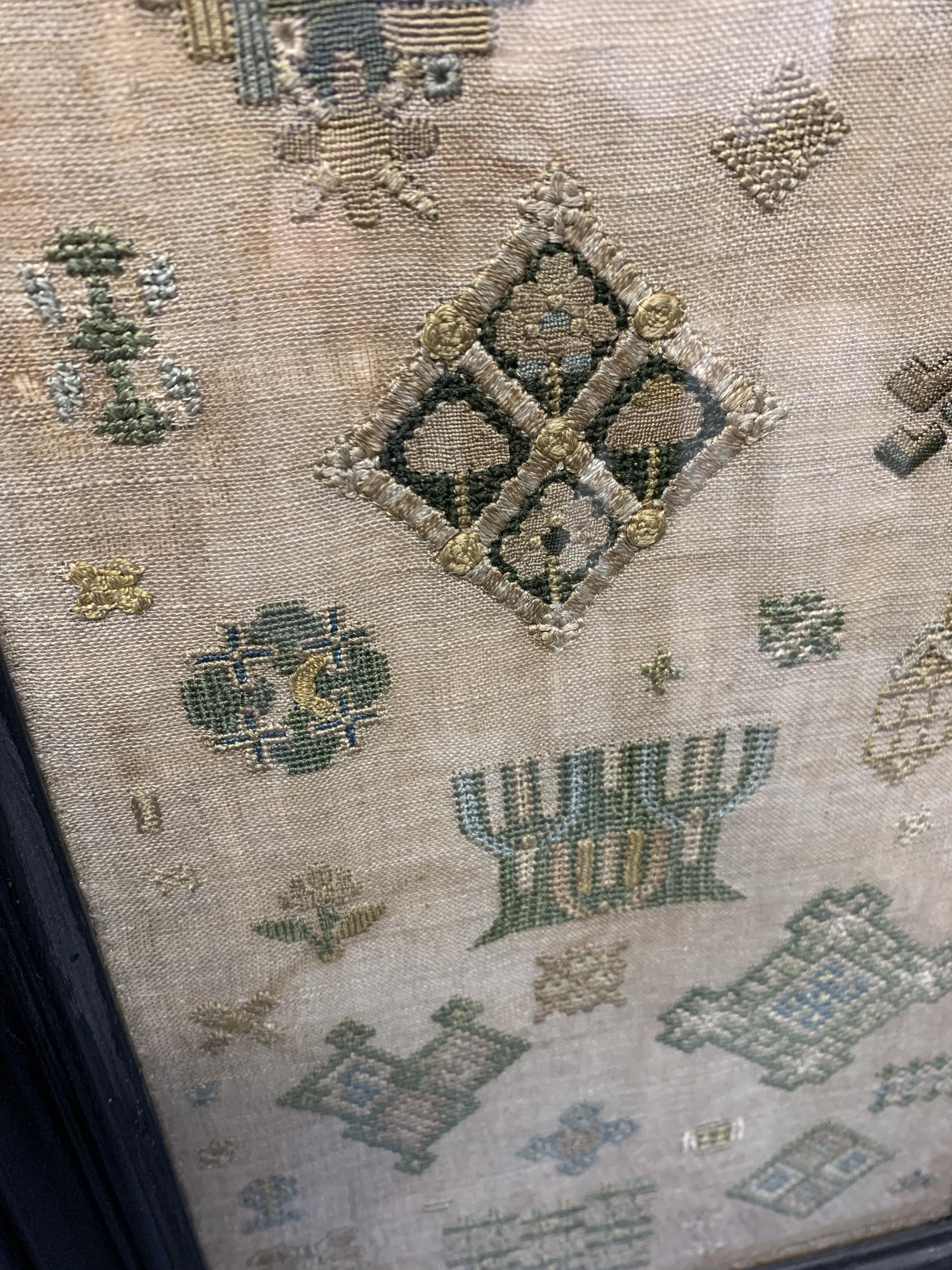 A RARE NEEDLEWORK SPOT SAMPLER BY GRACE THRUSTON, MID-17TH CENTURY worked with polychrome silks on - Image 8 of 15