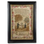 A GEORGE IV NEEDLEWORK MEMORIAL SAMPLER BY L. S. M. DAVIS worked with various stitches, with