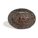 A TREEN COCONUT OVAL SNUFF BOX LATE 17TH / EARLY 18TH CENTURY relief carved with a young courting