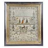 A GEORGE III NEEDLEWORK SAMPLER BY SALLY COZENS worked with polychrome silks on a linen ground, with