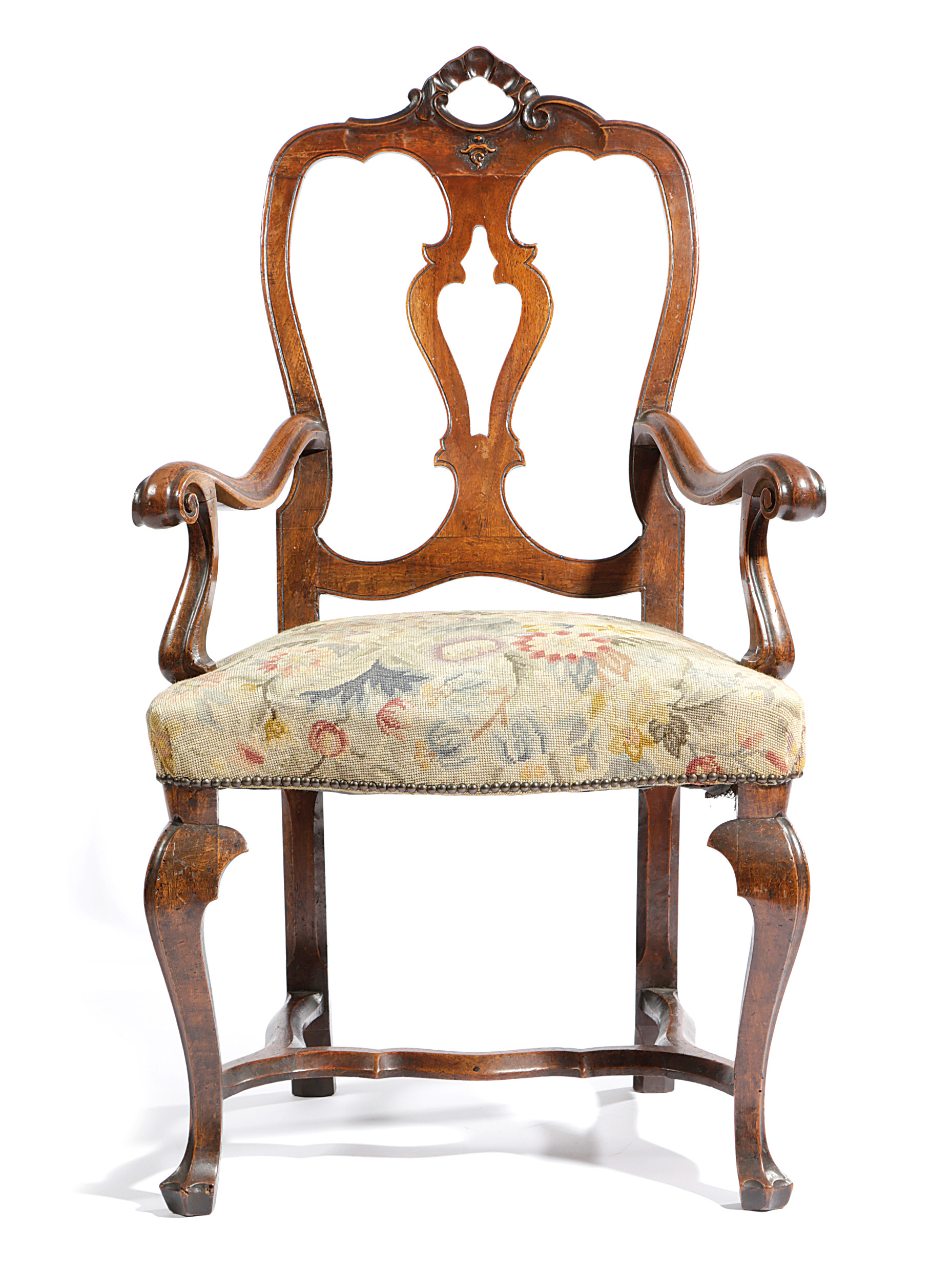 AN ITALIAN WALNUT OPEN ARMCHAIR 18TH CENTURY in Rococo style, with a pierced splat and a floral