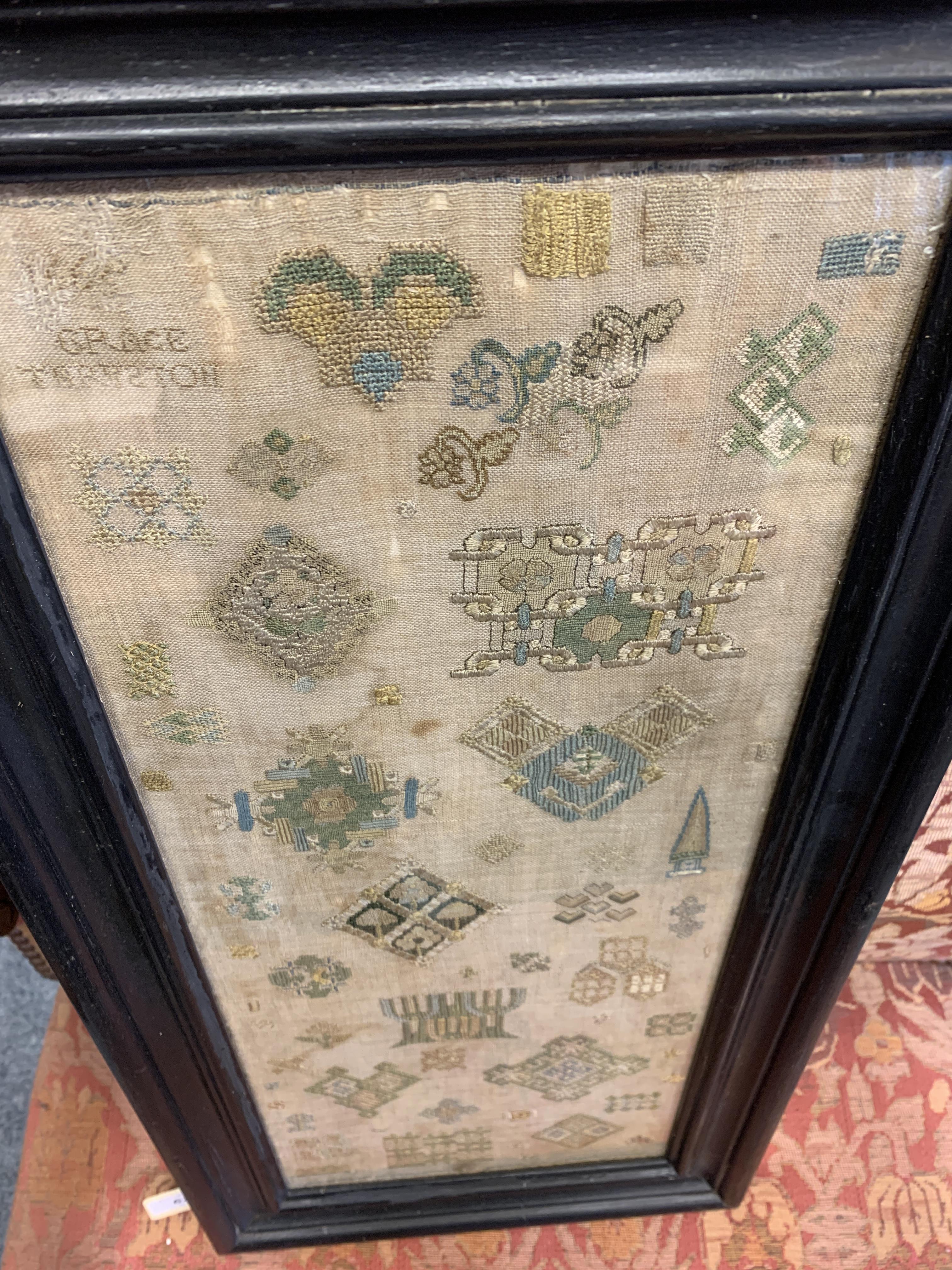 A RARE NEEDLEWORK SPOT SAMPLER BY GRACE THRUSTON, MID-17TH CENTURY worked with polychrome silks on - Image 2 of 15