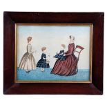 A FOLK ART NAIVE WATERCOLOUR PAINTING POSSIBLY SCOTTISH, C.1830-40 depicting a family in an interior