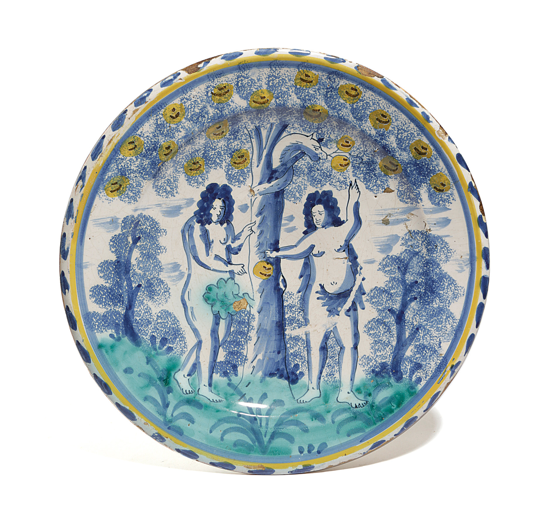A LONDON DELFTWARE POTTERY ADAM AND EVE CHARGER ATTRIBUTED TO NORFOLK HOUSE, C.1720-30 painted in