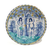 A LONDON DELFTWARE POTTERY ADAM AND EVE CHARGER ATTRIBUTED TO NORFOLK HOUSE, C.1720-30 painted in