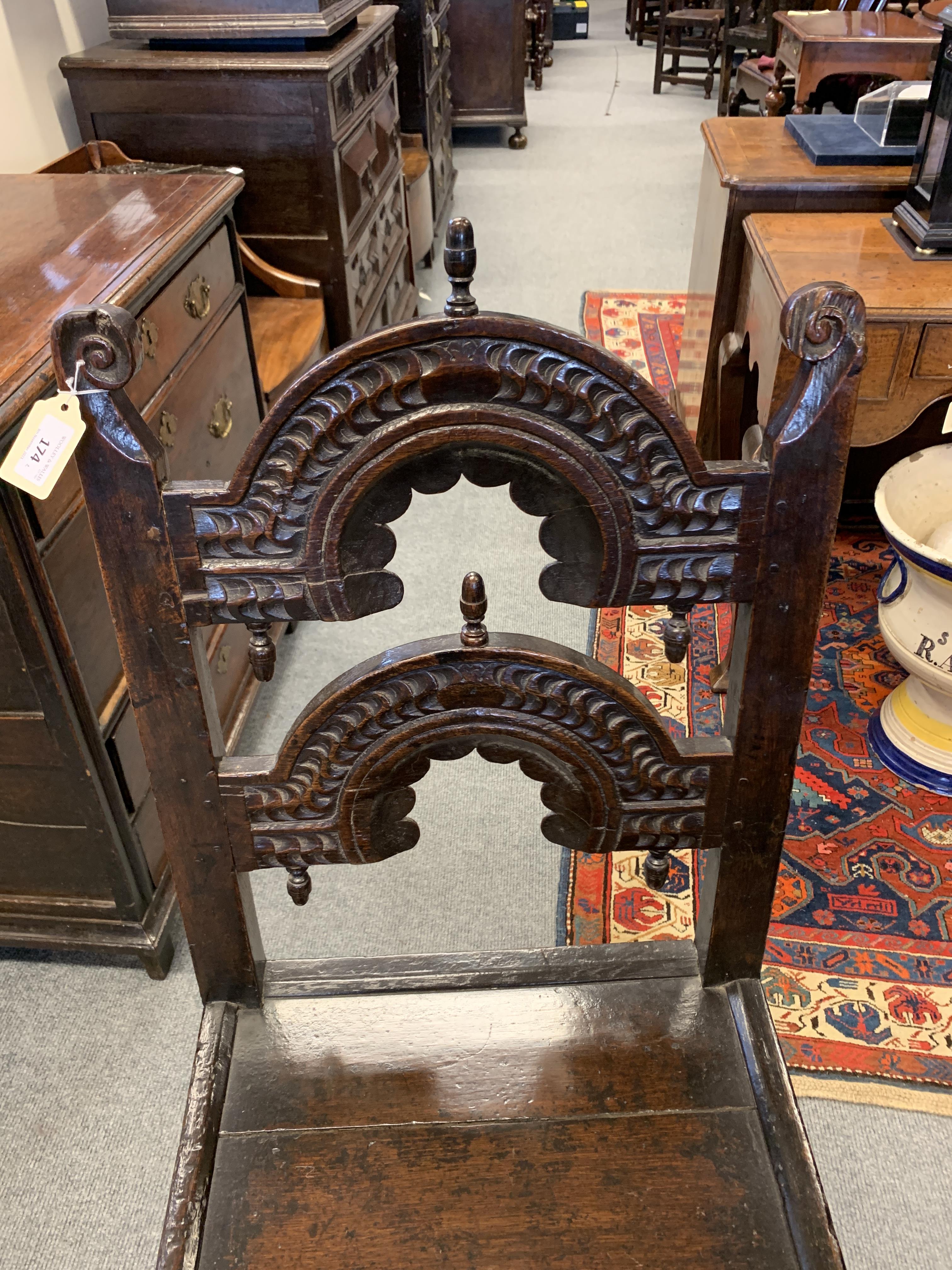 TWO CHARLES II OAK 'YORKSHIRE' CHAIRS C.1670 each with scroll uprights and twin arched backs - Image 7 of 13