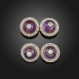 A pair of French amethyst and diamond cufflinks, each circular link set with a domed amethyst