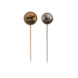 Two gold-mounted reverse carved crystal intaglio stick pins, one depicting a chestnut horse in