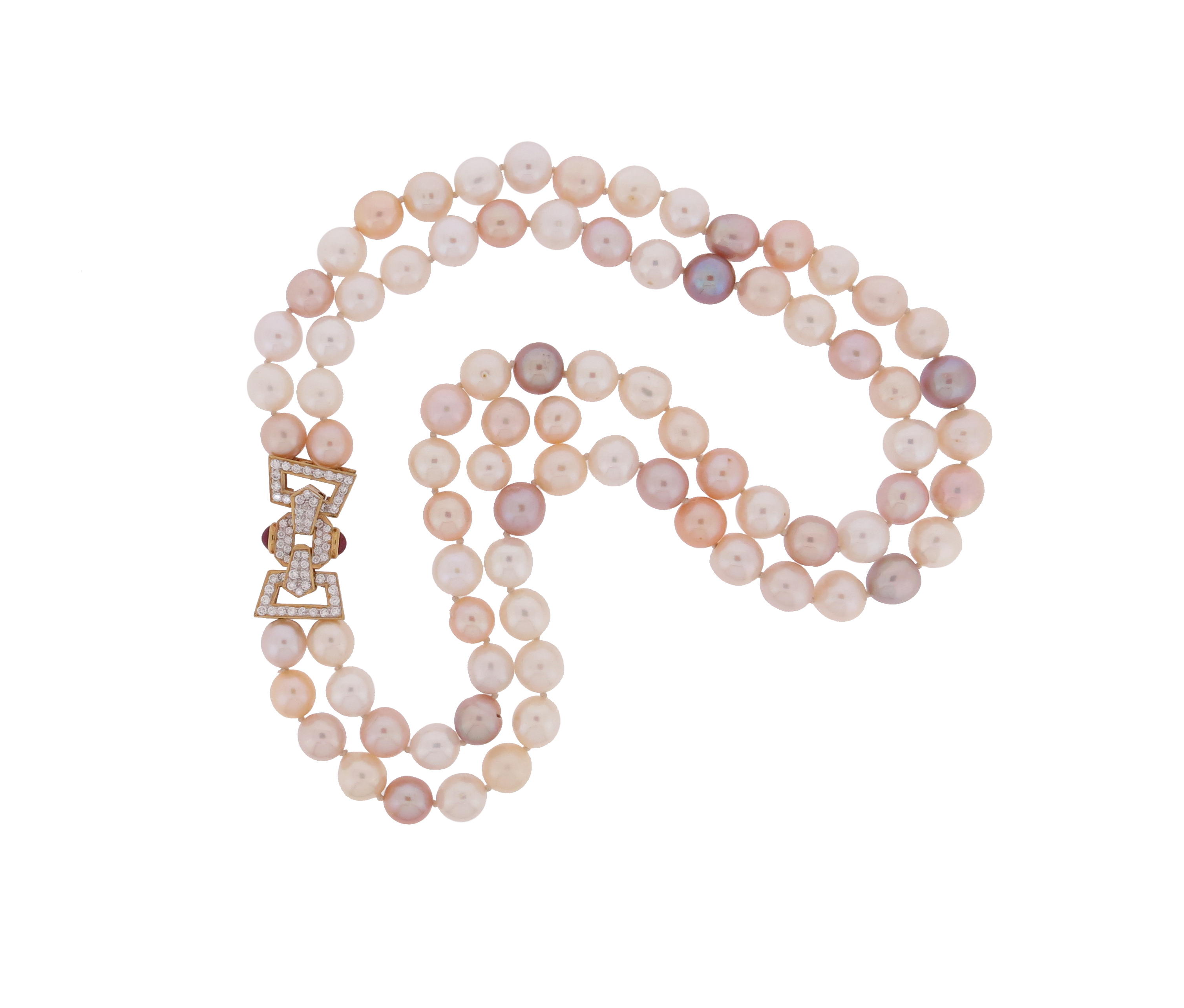 A two-row cultured pearl necklace, the vari-coloured cultured pearls with a diamond and ruby-set