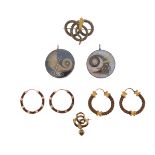 Six items of 19th century hair jewellery, including two circular double glazed lockets containing