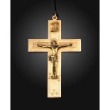 A Russian gold crucifix pendant, the model of Christ realistically formed, the cross decorated