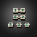 A set of Art Deco emerald and diamond platinum dress cufflinks and three studs, each square-shaped