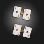 A pair of gold and enamel playing card cufflinks, each link designed as one of the aces, 1.7cm high,