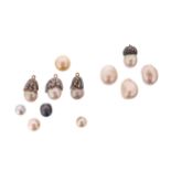 Twelve natural and cultured pearl items, including three loose natural pearls and a natural pearl-
