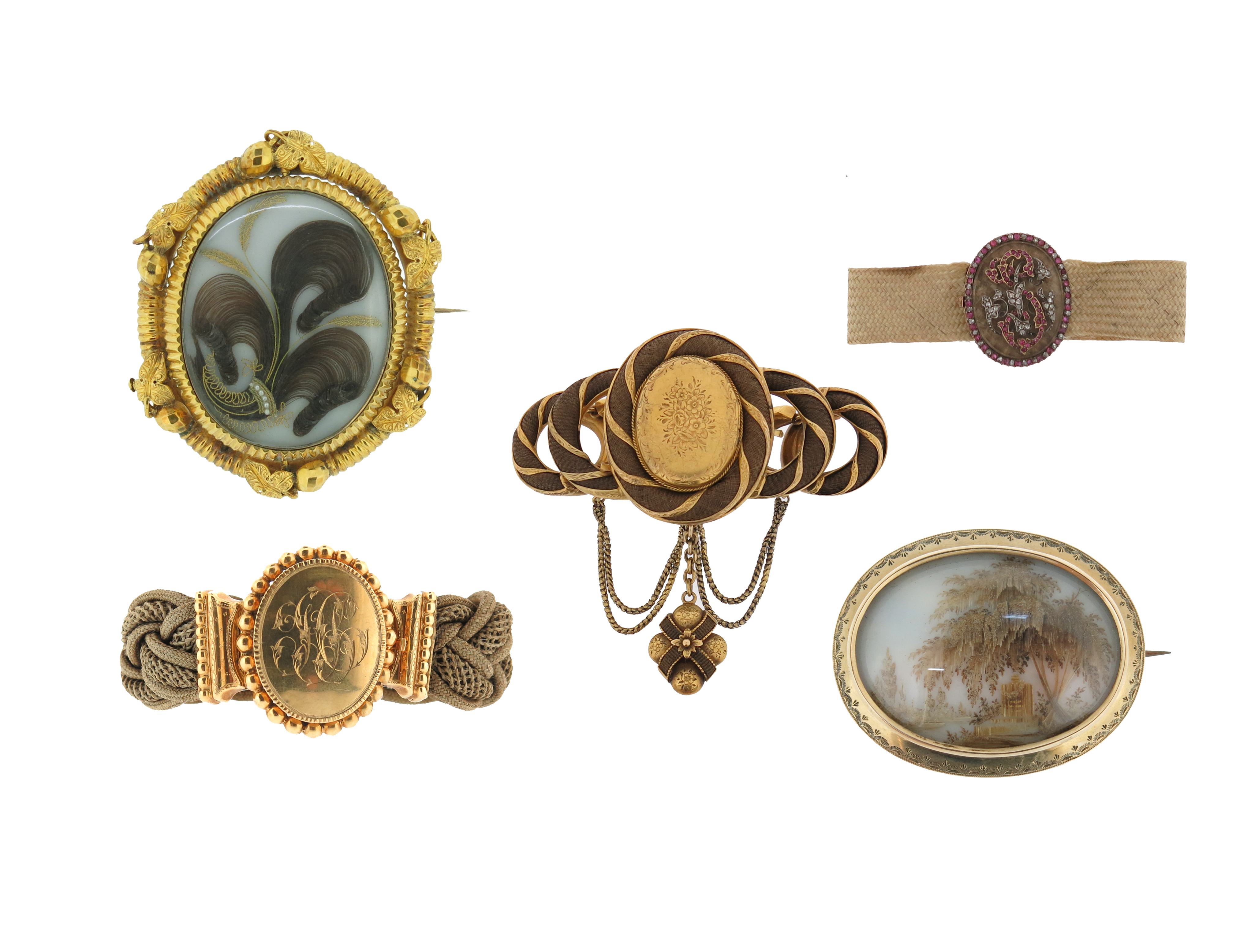 Five items of 19th century hair jewellery, including a hair bracelet with rose-cut diamond and