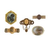 Five items of 19th century hair jewellery, including a hair bracelet with rose-cut diamond and