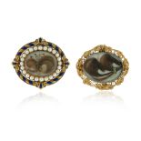 Two mid Victorian oval mourning brooches, including an enamel, pearl and yellow gold mourning