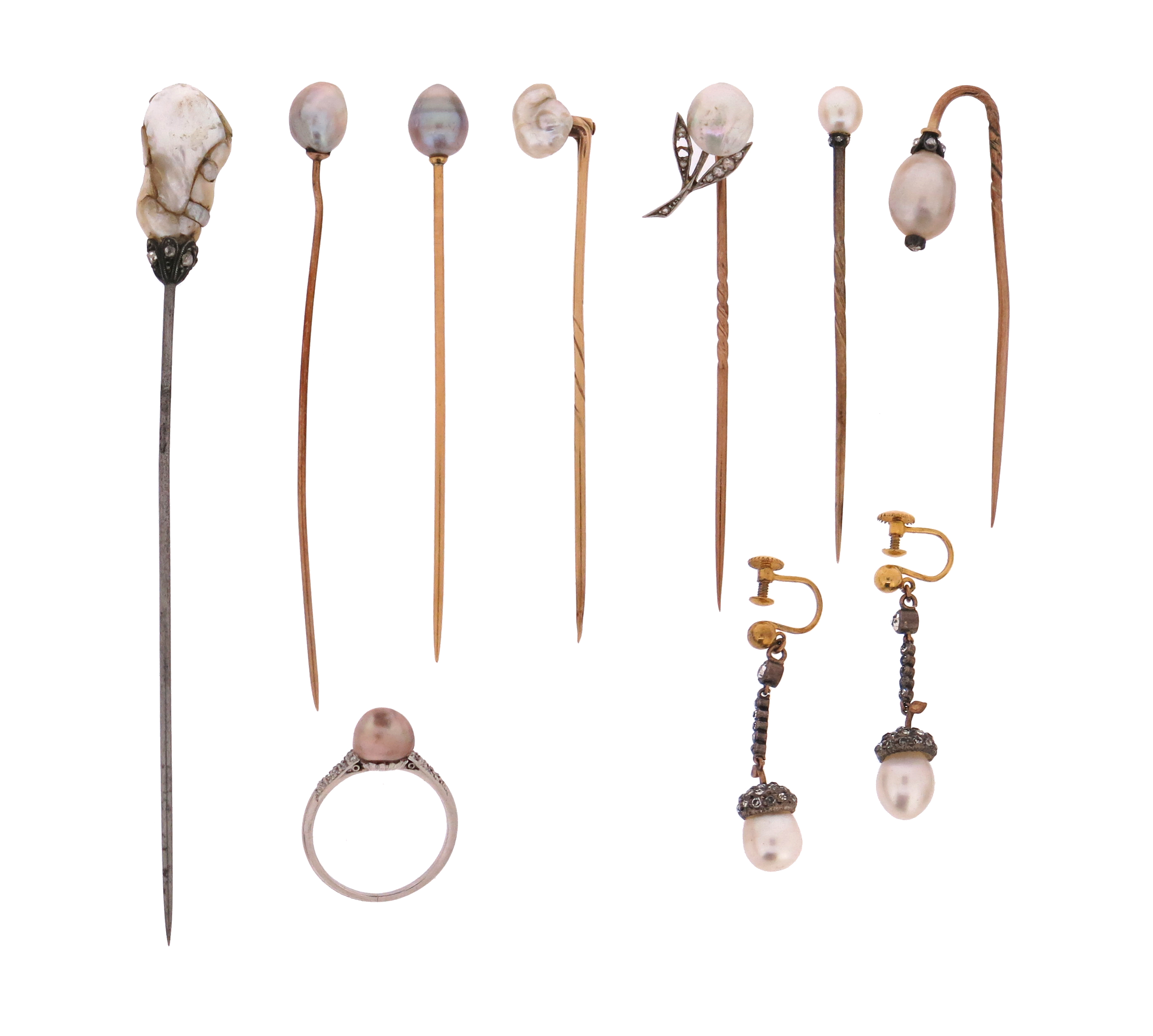 A collection of pearl-mounted items, including a collection of seven pearl-mounted stick pins (