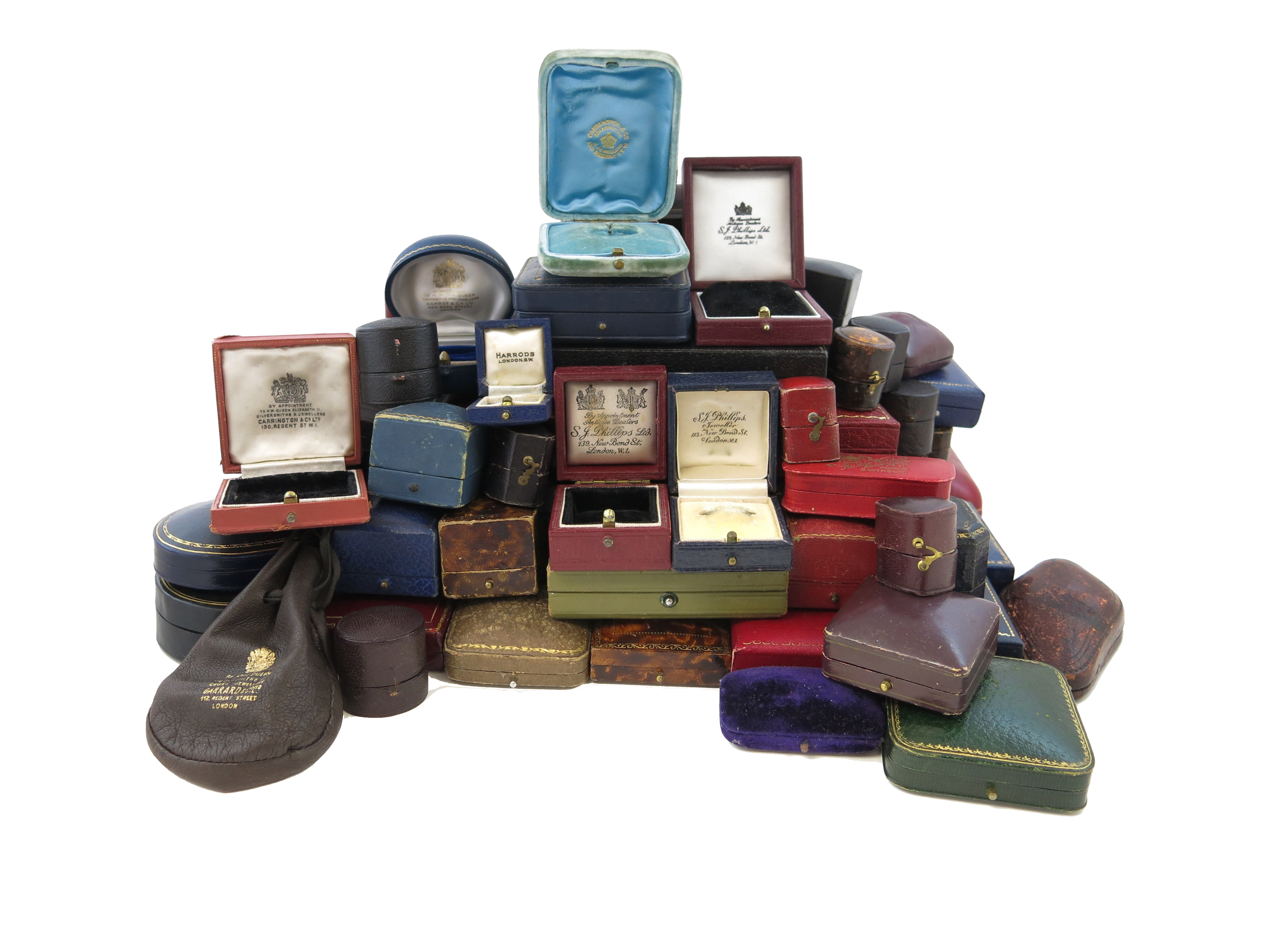 Sixty-Four jewellery boxes, including boxes by S. J. Phillips, Harvey & Gore, Antrobus and