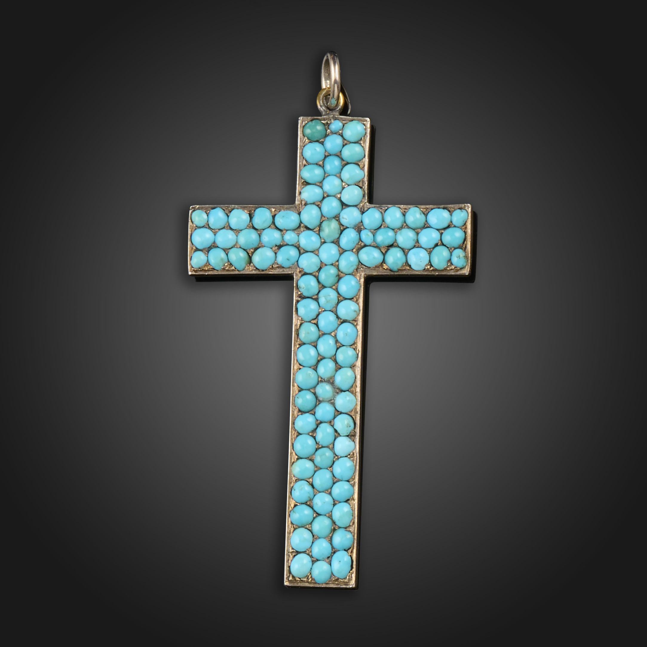 A mid Victorian turqouise-set cross pendant, set with turquoise cabochons in silver on gold, 7cm