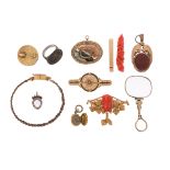 λ A small collection of mostly mid-late 19th century jewellery, including a brooch with carved coral