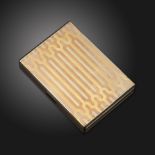 A 9ct gold cigarette case by Dunhill, set in three-colour with geometric pattern, with striated