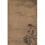 ATTRIBUTED TO WU WEI A MONK FISHING BY A RIVER A Chinese painted album leaf, ink on paper, inscribed