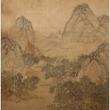 AFTER WEN ZHENGMING (QING DYNASTY) MOUNTAINOUS RIVER LANDSCAPE A Chinese painted album leaf, ink and