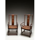 A PAIR OF CHINESE HUANGHUALI SOUTHERN OFFICIAL'S HAT OPEN ARMCHAIRS, NANGUANMAOYI PROBABLY 17TH