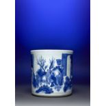 A GOOD AND LARGE CHINESE BLUE AND WHITE CYLINDRICAL BRUSH POT, BITONG TRANSITIONAL C.1640 Heavily